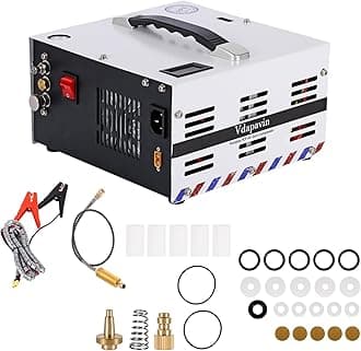 Pcp Air Compressor with Built-in Power Adapter, Auto Stop, Oil/Water Free, Compact and Portable, 4500psi/30mpa, Powered by 110V/220V AC or 12V DC, Air Gun and Pump