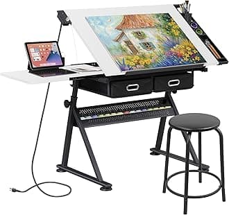 ZENY Adjustable Drafting Table with Stool, Tilting Drawing Desk Artist Table with Storage Drawers, Art Craft Workstation for Home Office Reading, Writing, Crafting (White-with Outlet)