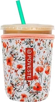 Reusable Neoprene Insulator Sleeve for Iced Coffee & Cold Soda, Coffee Sleeves for Iced & Hot Drinks, Cold Beverage Cooler Compatible with Starbucks, Dunkin (Flower Power, Small: 16-18oz)