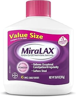 MiraLAX Laxative Powder, Gentle Constipation Relief for Adults, Stool Softener with PEG 3350, Nonstimulant Laxative, No Harsh Side Effects, Osmotic Laxative, 45 Dose