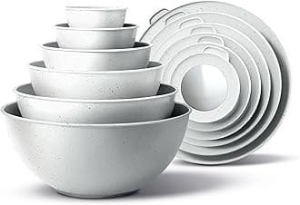 COOK WITH COLOR Mixing Bowls with TPR Lids - 12 Piece Plastic Nesting Bowls Set includes 6 Prep Bowls and 6 Lids, Microwave Safe Mixing Bowl Set (Speckled White)