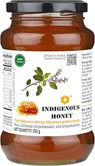 INDIGENOUS HONEY Tulsi Basil Honey Raw Natural Pure Unprocessed NMR Tested Unpasteurized Unheated 530g Glass Jar Pack of 1