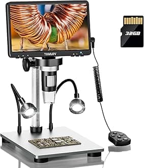 – TOMLOV DM9 7" LCD Digital Microscope 1300X, 12MP Coin Magnification, 1080P HD Video Soldering USB Scope for Adult, with LED Light, Adjustable Metal Stand, PC/Windows/Mac Compatible, 32GB Card