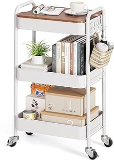 3-Tier Rolling Cart with Table Top, Metal Storage Cart on Wheels, Utility Organizer with Wooden Tray, Lockable Casters, Easy Assembly for Bathroom, Living Room, Office, Kitchen, White