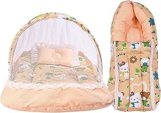 Babloo Baby Bed New Born Baby Bedding Set | Mosquito Net | Mattress | Carry Bag | Essentials Combo | Cotton | Infants | Boys & Girls (0-6 Months) Orange