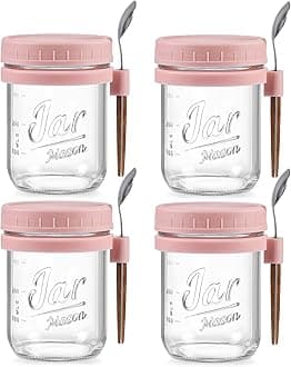 LANDNEOO 4 Pack Overnight Oats Containers with Lids and Spoons, 16 oz Glass Mason Jars with Airtight Lids, Overnight Oats Jars for Milk, Cereal, Fruit-Pink