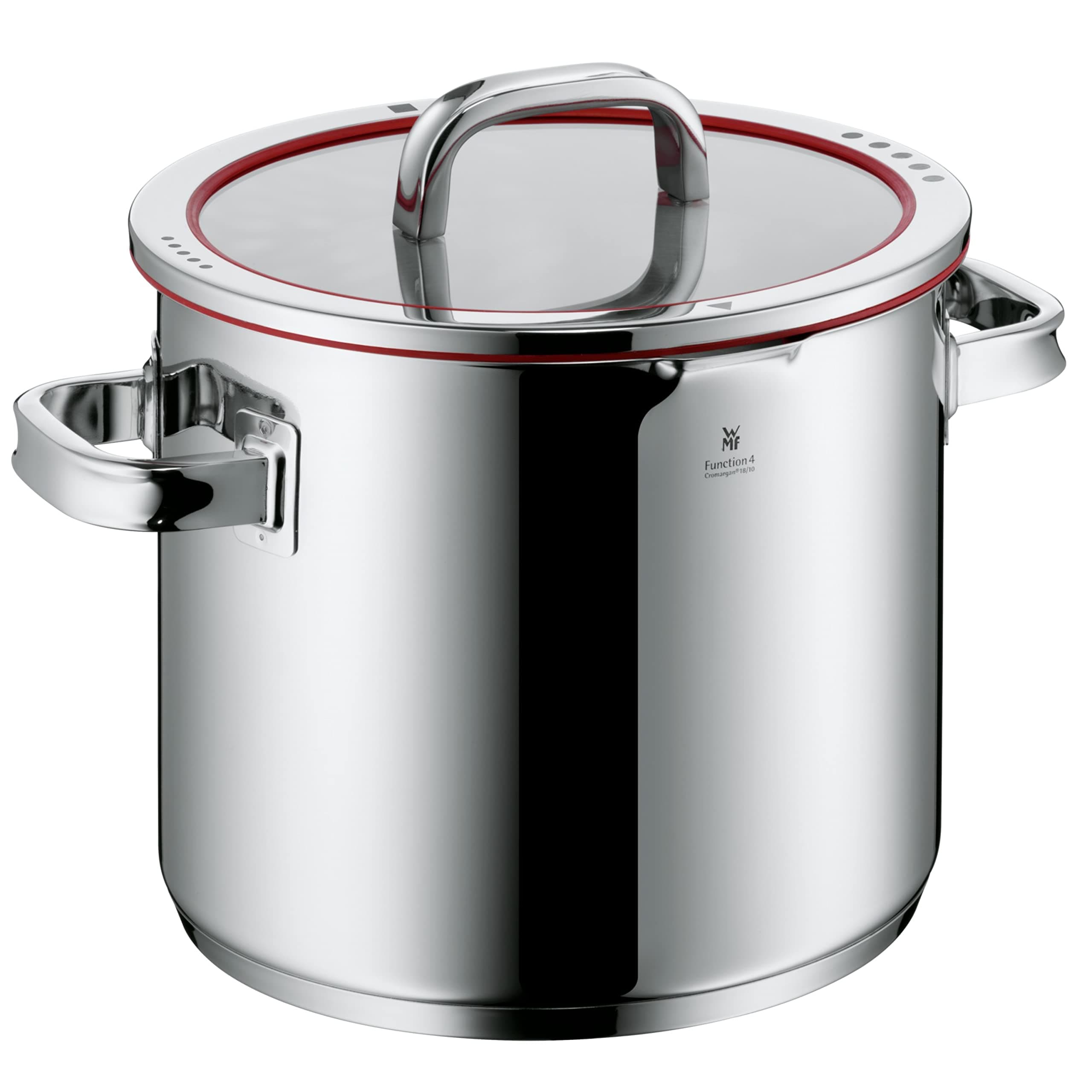 Stock pot Ø 24 cm approx. 8,8l Function 4 Inside scaling lid - pour off or decant liquids without spilling to keep your dishes and cooker clean. Made in Germany hollow side handles glass lid Cromargan stainless steel brushed suitable for all stove tops including induction dishwasher-safe