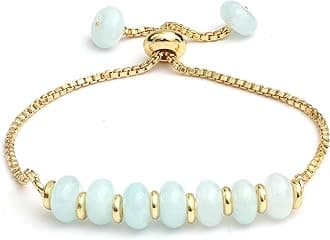 Gempires Aquamarine Bolo Bracelet, Crystal Beaded Bracelet, March Birthstone Jewelry, Gift For Her, 14k Gold Plated Slider Chain, 6 to 8 inch Adjustable Bracelet