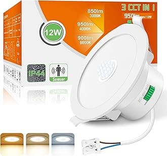 ALUSSO LED Downlights Ceiling with Motion Sensor, 12W 950LM PIR Recessed Ceiling Lights, 3000K Warm 4000K Neutral 6500K Cool Adjustable IP44 Bathroom Spotlights, 1 Pack