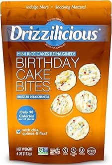 Drizzilicious Mini Flavored Rice Cakes Birthday Cake - Rice Crisps, Healthy Snack for Adults and Kids, Vegan, Gluten Free Snack, Allergen Free, Only 90 Calories Per 21 Pieces - 4 oz (Pack of 6)