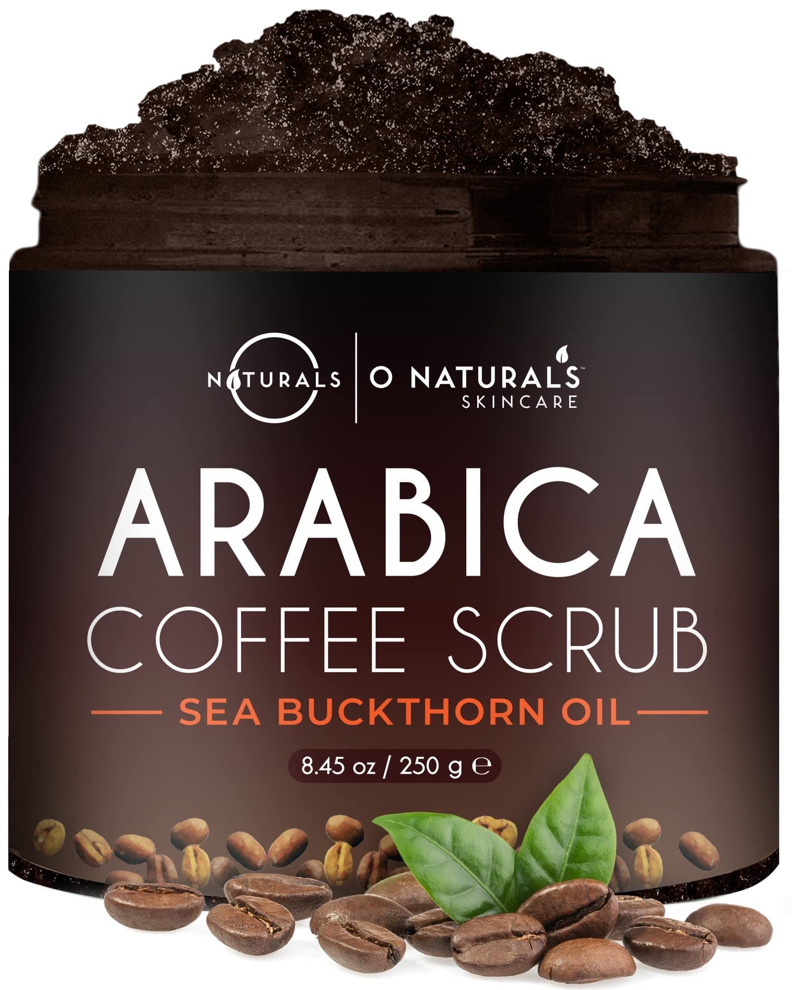 Coffee Arabica Exfoliating Dead Sea Salt Body Scrub. 100% Natural Detoxifying, Battles Cellulite, Wrinkles, Stretch Marks & Varicose Veins. Enriched w/Sea Buckthorn. Vegan 250 ml