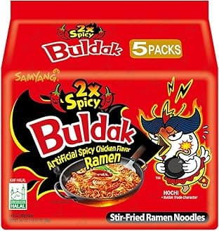 Buldak Hot Chicken Ramen, Korean Stir-Fried Instant Noodle, 2X Spicy, 4.94 OZ(140g), Pack of 5