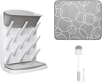 Vertical Bottle Drying Rack, Bottle Brush & Microfiber Drying Mat Bundle, Newborn Baby Essentials, Baby Registry Must Haves, New Parent Gifts, Gray
