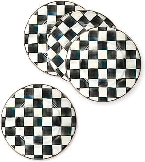 Enamel Salad and Dessert Plate, Small Plate for a Dessert or Appetizer Dish, 8 Inches, Set of 4, Black-and-White Courtly Check
