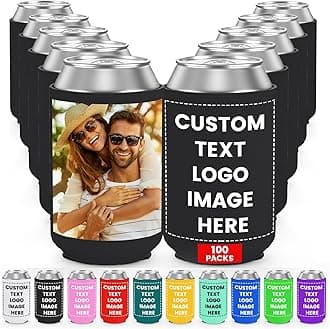 - 100 Pack Custom Can Coolers Sleeves Bulk Insulated Can Sleeve for 12 OZ Cans & Bottles - Customized Text Logo Picture Birthday Party Wedding Favors & Gifts