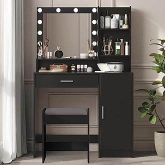 Vanity Desk with Mirror & Light, Large Drawer & Three Level Storage Dresser, 3 Lighting Modes Adjustable Brightness, Bedroom Dressing Table (Black with Stool)