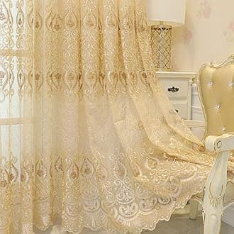 Amidoudou 1 Pair European Jacquard Sheer Curtains Embroidered Tulle Curtains Living Room Bedroom Luxury Translucent Window screening (Gold,63x90 Inch)