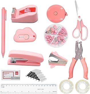 Pink Office Supplies, 14Pcs Pink Desk Accessories Includes Stapler Remove, Includes Desktop Staple,Stapler Remove,Single Hole Punch,Tape Dispenser,Stainless Steel Scissors