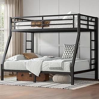 HKOLIE Twin Over Full Bunk Bed, Metal Bunk Bed Frame Heavy Duty Bunk Beds Loft Bed Frame with Ladder and Guardrail Metal Slats No Box Spring Required for Adults Teens, Black