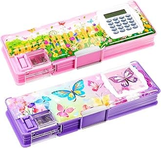 Henoyso 2 Pcs Multifunctional Pencil Case Plastic Pencil Case with Calculator and Pencil Sharpener Pencil Pouch Gifts (Flower, Butterfly)