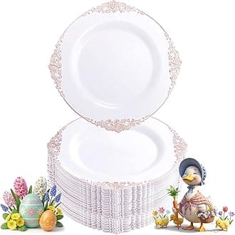 Morejoy 100pcs Plastic Plates - Disposable - 7.5 inch White and Rose Gold Dessert Plates for Weddings & Parties & Shower