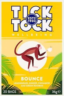 Tick Tock Bounce herbal tea blend with rooibos. Caffeine free, Refreshing and vibrant with uplifting kick. 20 bags