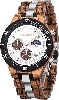 Mens Quartz Wooden Watches Stainless Steel Red Sandalwood Alloy Wood Watch for Male Classic Function Wristwatch Chronograph Luminous Hands Day and Night Date Display, Silver, classic