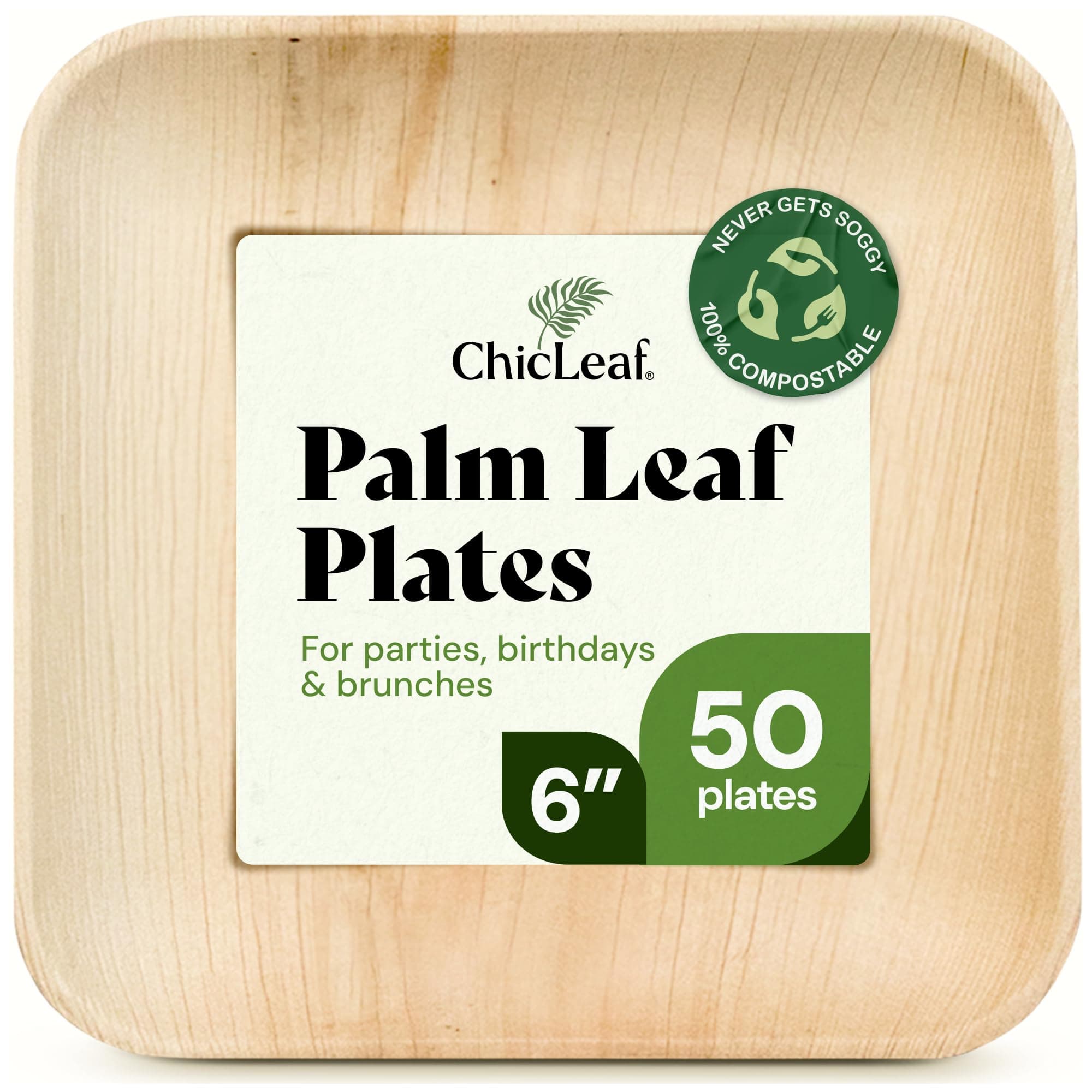 Chic Leaf Disposable Palm Leaf Plates - 6 in Square Pack of 50 - Disposable Tableware for BBQs & Picnics - Dining with Biodegradable Plates - Events with Party Tableware