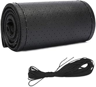 Leather Steering Wheel Cover, DIY Sewing with Needle & Thread, Breathable Anti-Slip Car Steering Wheel Protector, Universal 15 Inch Auto Steering Wheel Stitch on Wrap(Black, Full Hole)