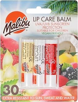 Malibu Lip Care Balm, Vanilla, Tropical, Strawberry, SPF30