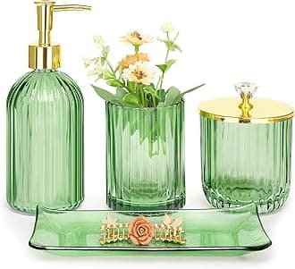 Haturi Bathroom Accessories Set, 4 Pcs Green Glass Bathroom Accessories Sets Complete w/Lotion Soap Dispenser, Toothbrush Holder, Apothecary Jar, Vanity Tray, Bathroom Decor, Gift for Home Apartment