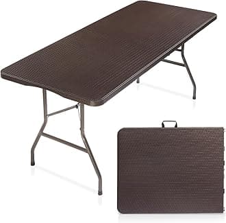 6 Foot Plastic Folding Table Portable Long Table for Indoor Outdoor Use Rectangular with Carrying Handle,Rattan Patterned HDPE Tabletop, Brown