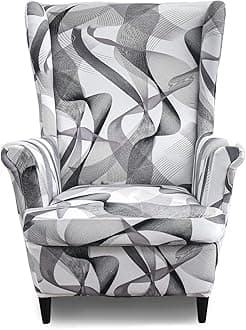 Wing Chair Slipcovers 2 Pieces Printed Wingback Chair Covers Armchair Covers Stretch Spandex Sofa Slipcover with Elastic Bottom for Living Room Bedroom Dining Room (Grey/White)