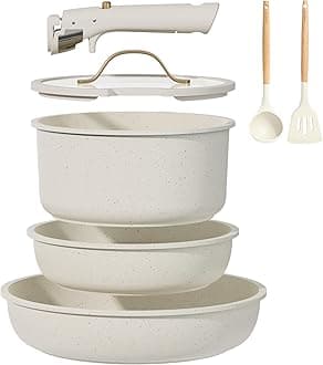 7pcs Pots and Pans Set Non Stick, Cookware Set with Detachable Handle, Kitchen Cookware Sets with Removable Handle, RV Cookware Set, Oven Safe, Cream White