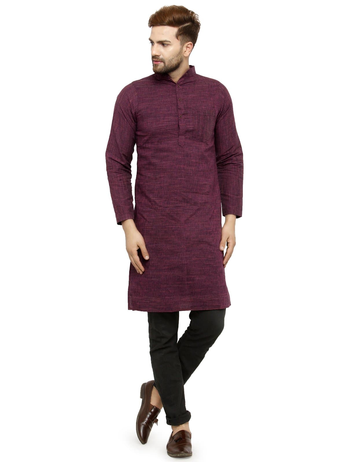 Enchanted Drapes Mens' Solid Cotton Long Kurta_Mehandi