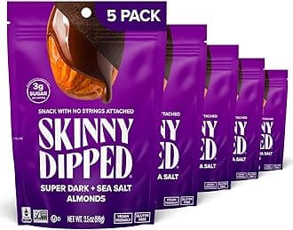 - Super Dark Chocolate + Sea Salt Almonds, Vegan, Healthy Snack, Plant Protein, Gluten Free, 3.5 oz Resealable Bags, Pack of 5