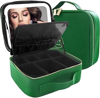 Makeup Case with Mirror and Light, Travel Makeup Train Case, Cosmetic Bag Organizer, Portable Artist Storage Bag, Emerald Green