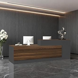 Modern L-Shaped Reception Desk with Hutch, Reception Counter Table, Lockable Drawer Door Cabinet, Office Wooden Computer Front Desk (Walnut+lron Gray-Right Cabinet, 87" L*24" W*41" H)