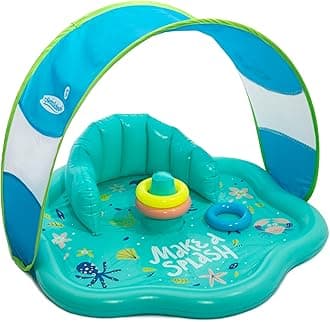 SwimSchool Baby Splash Play Mat with Adjustable Canopy – Inflatable Play Pool for Babies & Infants with Backrest – Includes Baby Water Toy Rings
