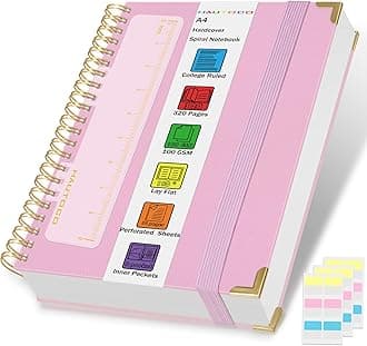 HAUTOCO A4 Spiral Notebook, Wirebound Notebooks with 320 Pages/160 Sheets College Ruled Paper for Writing, 100GSM Thick Paper, Hardcover Notepad Note Book for Work, Office, School, Business, Pink