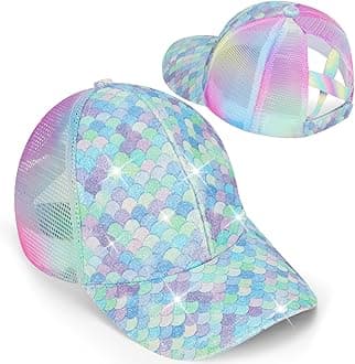 BROMZ Girls Glitter Baseball Cap Kids Ponytail Hat Adjustable Summer Mesh Trucker Hats for 4-12 Years