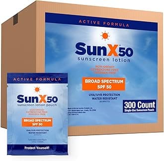 CoreTex Sun X 50 SPF Broad Spectrum Sunscreen Packets - Bulk Pack of 300 Paraben, Oxybenzone, Octinoxate, & Oil Free Sunscreen - No White Cast and Water Resistant Up to 80 Minutes