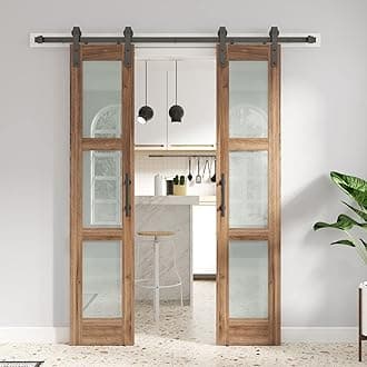 Double 18 x 84 inch Glass Barn Doors 36inch Barn Door with 6.6FT Hardware Kit & Handle Included,3-Panel Frosted Glass,LVL Wood Panel,Water-Proof PVC Surface,Pre-Drilled Holes,Need Assembly