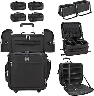 Relavel Rolling Makeup Case Professional Makeup Train Case Makeup Artist Travel Organizer 5 in 1 with Detachable Cosmetic Case and Dual Makeup Brush Case and Wheels (Black, 4-Pack), Black+Bags