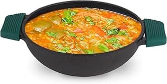 The Indus ValleyCast Iron Kadai/Kadhai for Cooking & Deep Frying with Flat Handle| Gas & Induction Friendly|Pre-Seasoned 100% Toxin-Free (Deep kadai 10 inch + Double Handle Silicone Grip)