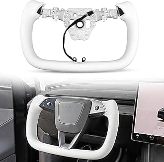 Yoke Steering Wheel Personalized for Tesla Model Y Juniper 2025, Nappa Leather for Tesla Model Y Accessories With Heating Function No Front Trim (White Perforated, All White)