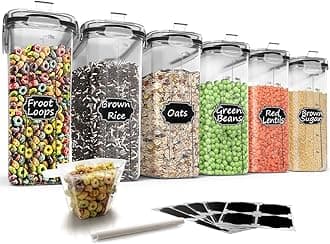 Wildone Cereal Storage Containers Set, Large BPA Free Plastic Airtight Food Storage Containers 4L for Flour, Sugar, 6 Piece Set Cereal Dispensers with 20 Labels & Marker, Black