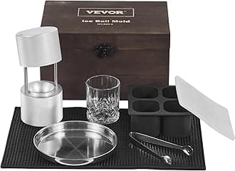 VEVOR Ice Ball Press Kit, Aviation Aluminum Ice Press with Ice Block Mold, Large Mat, Tong, Drip Tray, One Glass, Round Ice Ball Maker 2.4"/60 mm Ice Sphere, for Whiskey, Cocktail on Party & Holiday