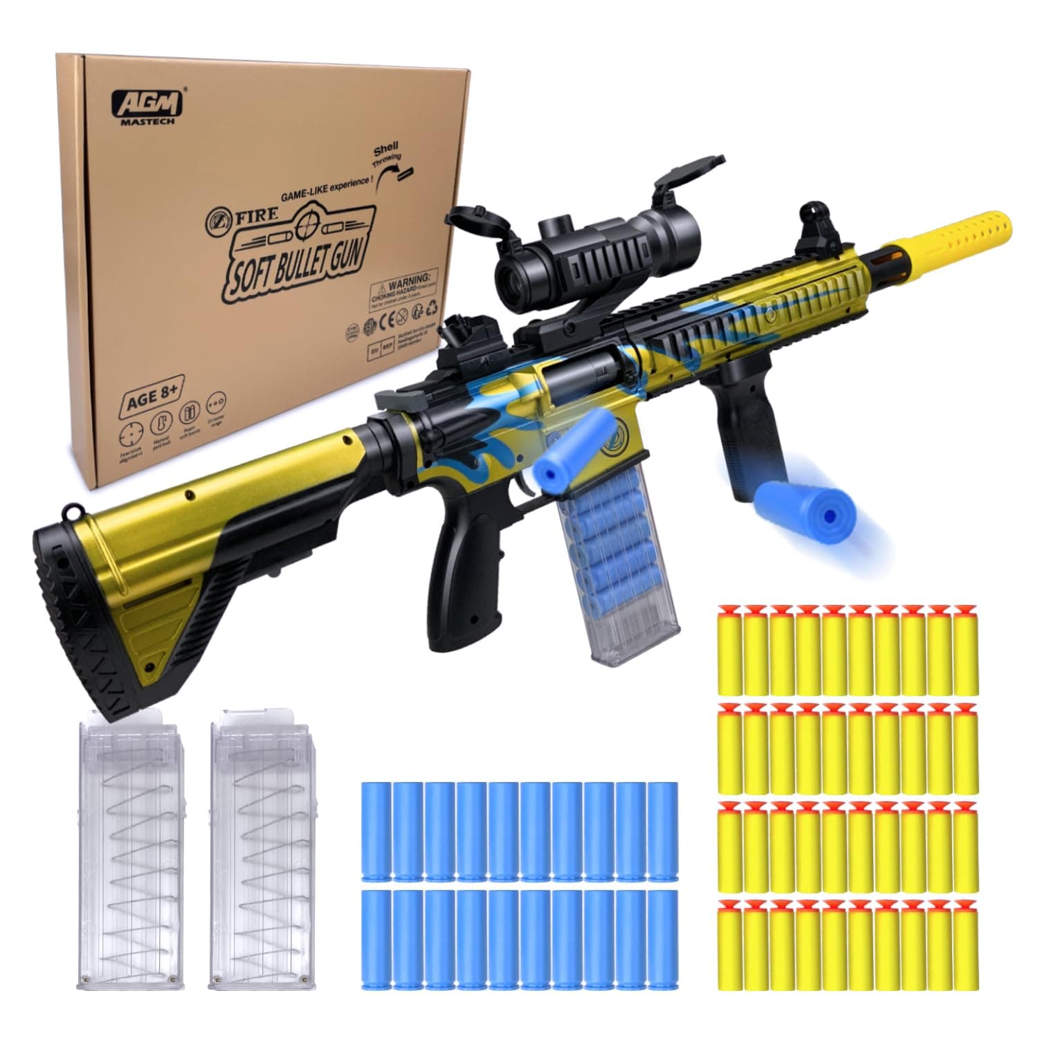 Shell Ejecting Blaster Toy with 40 Official Darts,2 Clip Magazine,4 Assembly Methods,Gun Toys for 8 ages up Boys,Kids,Teens and Adults, Outdoor,birthday gift (Gold)