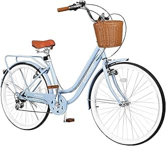 26 Inch Beach Cruiser Bike for Ladies, 7-Speed Women Bike for Adults with Basket & Rack, City Bicycle for Commuting, Step Through City Bikes for Woman Adults Ladies